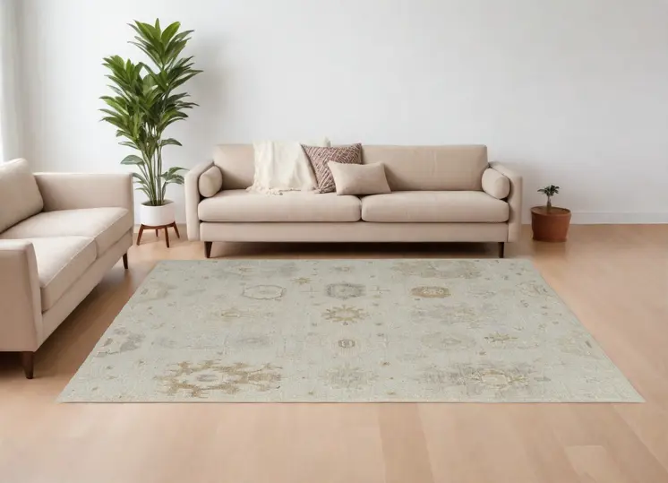 12' X 15' Tan and Gray Wool Floral Hand Knotted Area Rug
