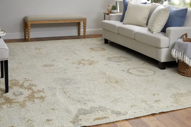 2' X 3' Tan and Gray Wool Floral Hand Knotted Area Rug