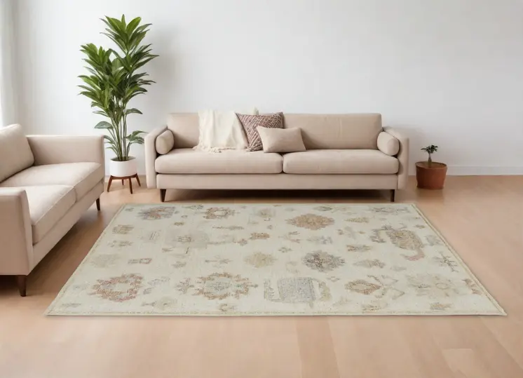 9' X 13' Ivory Tan and Gray Wool Floral Hand Knotted Area Rug