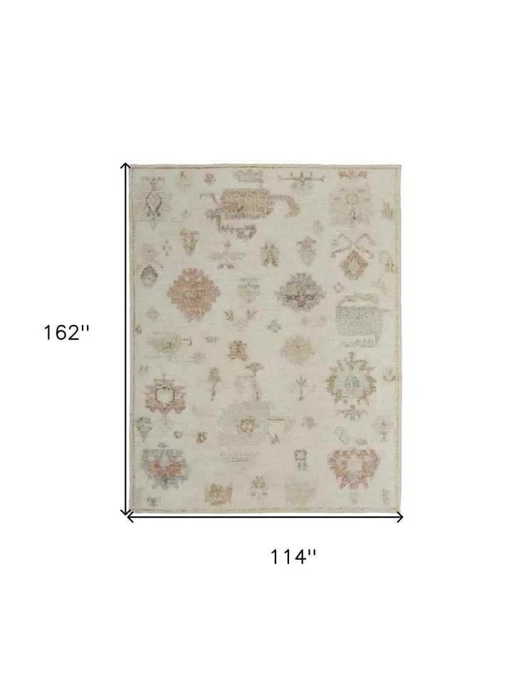 9' X 13' Ivory Tan and Gray Wool Floral Hand Knotted Area Rug