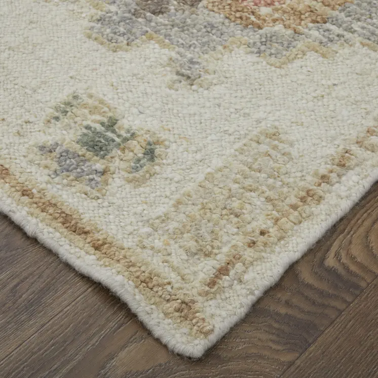2' X 3' Ivory Tan and Gray Wool Floral Hand Knotted Area Rug