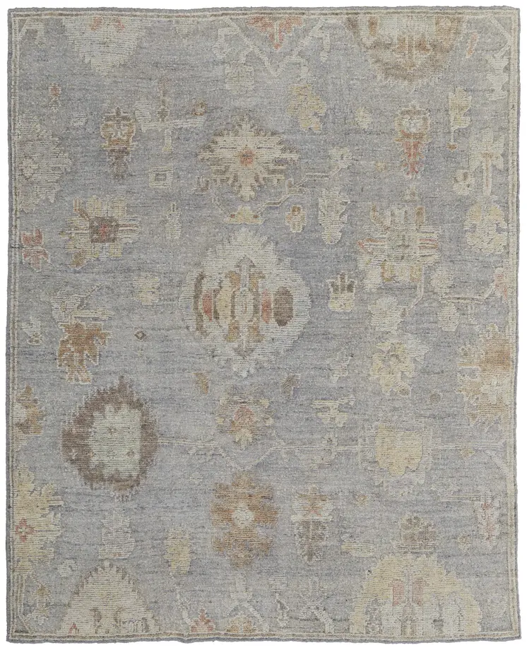 8' X 12' Gray and Blue Wool Floral Hand Knotted Area Rug