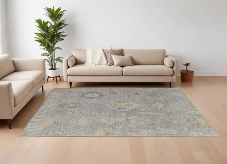 8' X 12' Gray and Blue Wool Floral Hand Knotted Area Rug