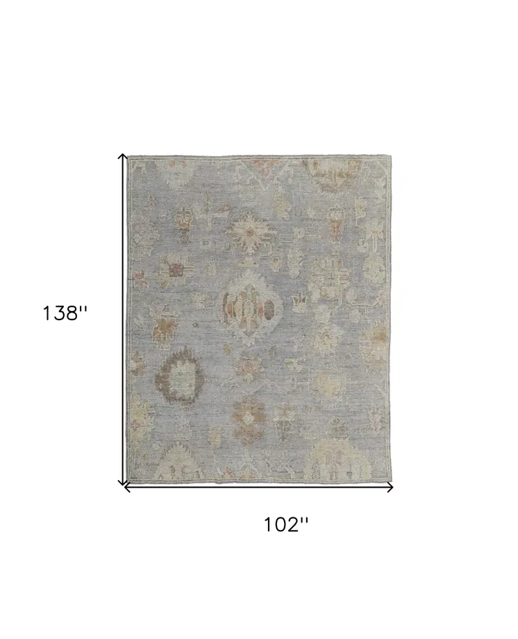 8' X 12' Gray and Blue Wool Floral Hand Knotted Area Rug
