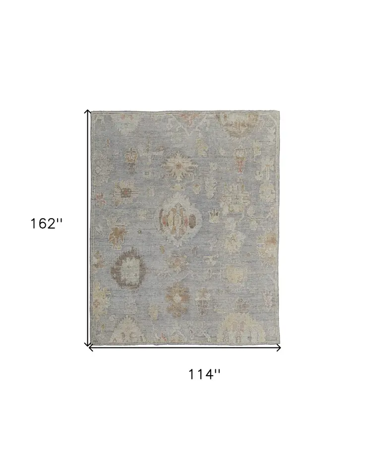 9' X 13' Gray and Blue Wool Floral Hand Knotted Area Rug