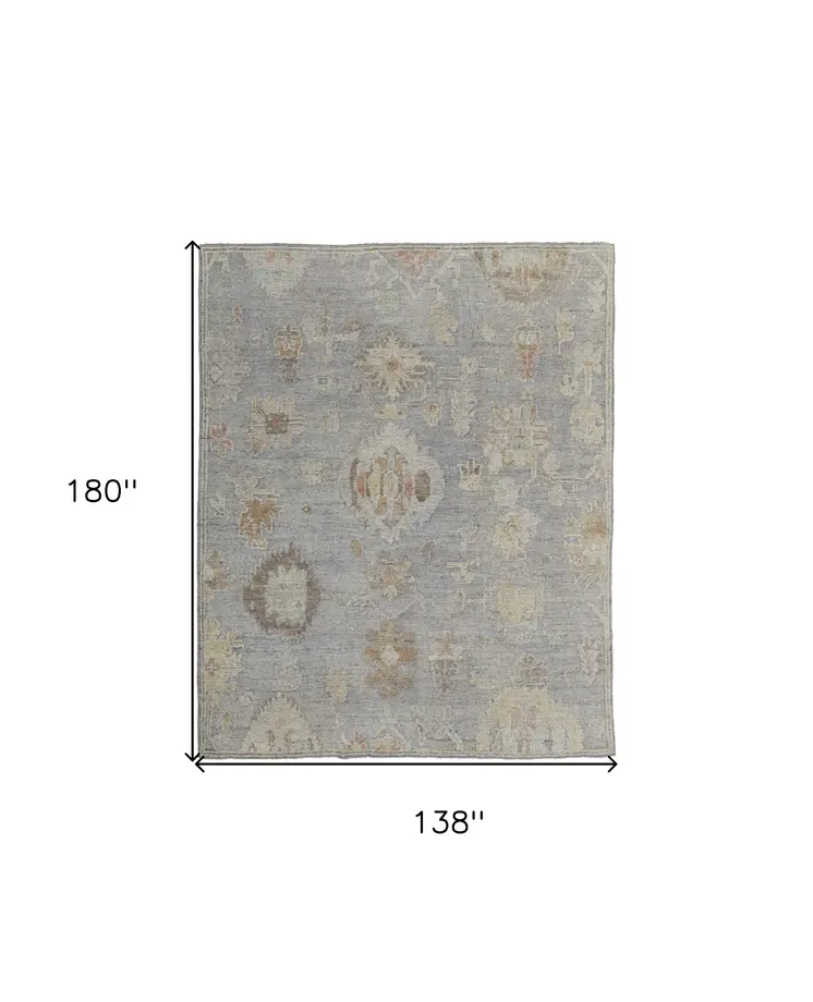 12' X 15' Gray and Blue Wool Floral Hand Knotted Area Rug