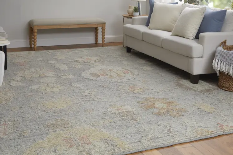 2' X 3' Gray and Blue Wool Floral Hand Knotted Area Rug