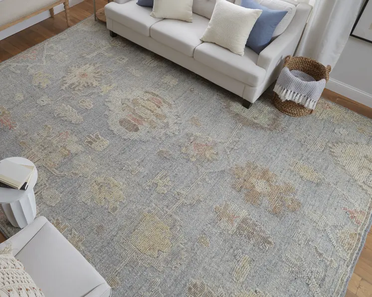 2' X 3' Gray and Blue Wool Floral Hand Knotted Area Rug