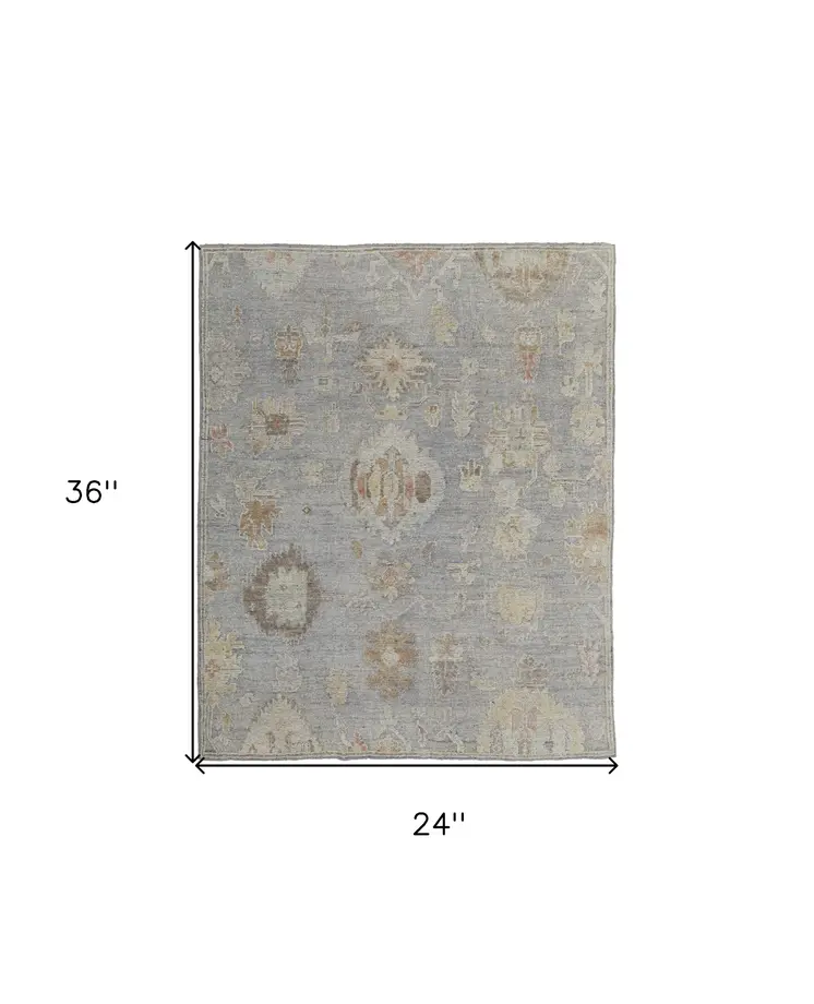2' X 3' Gray and Blue Wool Floral Hand Knotted Area Rug