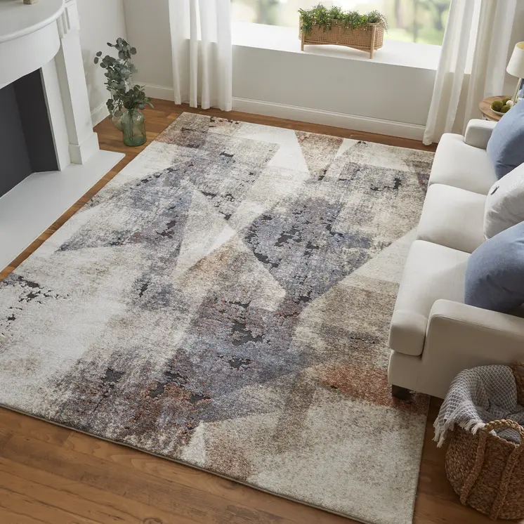 8' Gray Blue and Ivory Checkered Power Loom Runner Rug