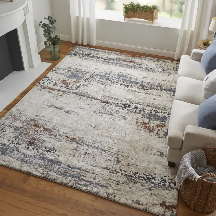 8' Gray Blue and Ivory Abstract Power Loom Runner Rug