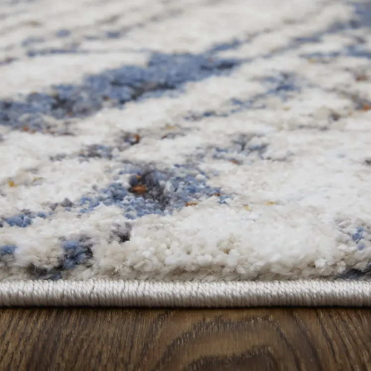 8' Ivory Blue and Brown Abstract Power Loom Runner Rug