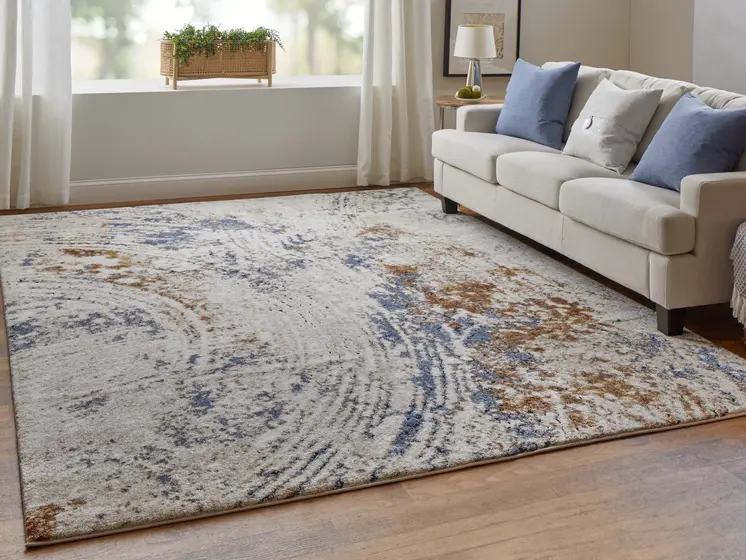 2' X 3' Ivory Blue and Brown Abstract Power Loom Area Rug