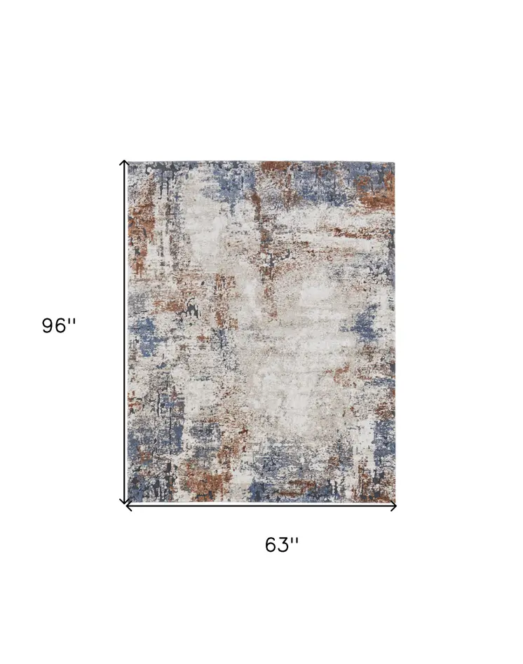 5' X 8' Blue Gray and Brown Abstract Power Loom Worn Faded Area Rug