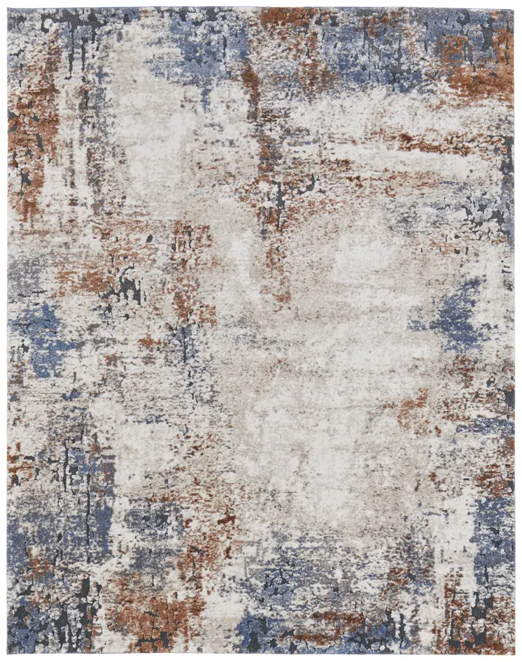 10' X 14' Blue Gray and Brown Abstract Power Loom Worn Faded Area Rug