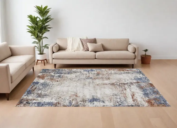 10' X 14' Blue Gray and Brown Abstract Power Loom Worn Faded Area Rug