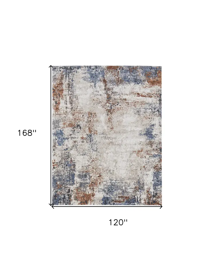 10' X 14' Blue Gray and Brown Abstract Power Loom Worn Faded Area Rug