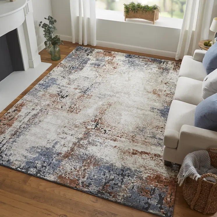 8' Blue Gray and Brown Abstract Power Loom Worn Faded Runner Rug