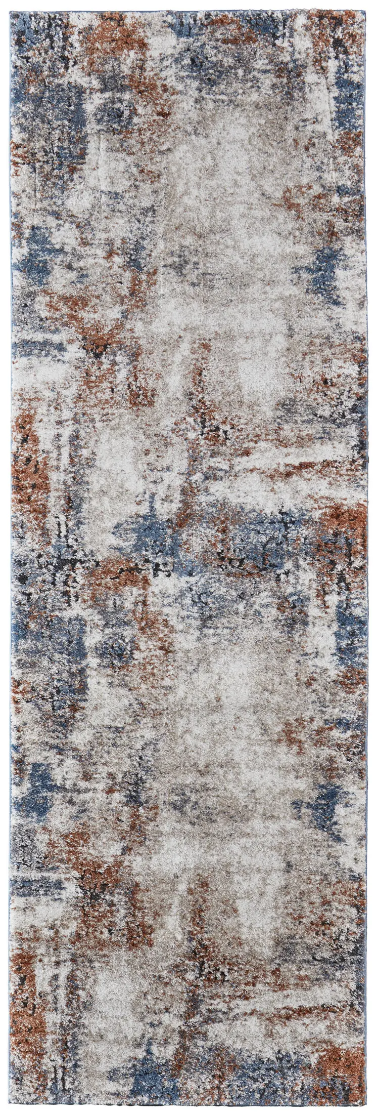 8' Blue Gray and Brown Abstract Power Loom Worn Faded Runner Rug