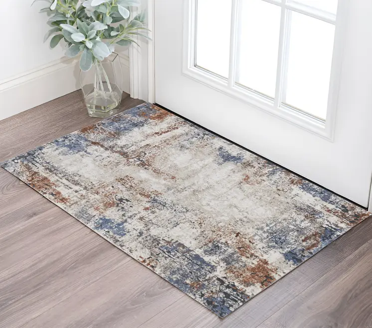 2' X 3' Blue Gray and Brown Abstract Power Loom Worn Faded Area Rug