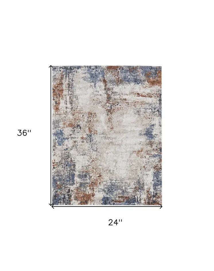 2' X 3' Blue Gray and Brown Abstract Power Loom Worn Faded Area Rug