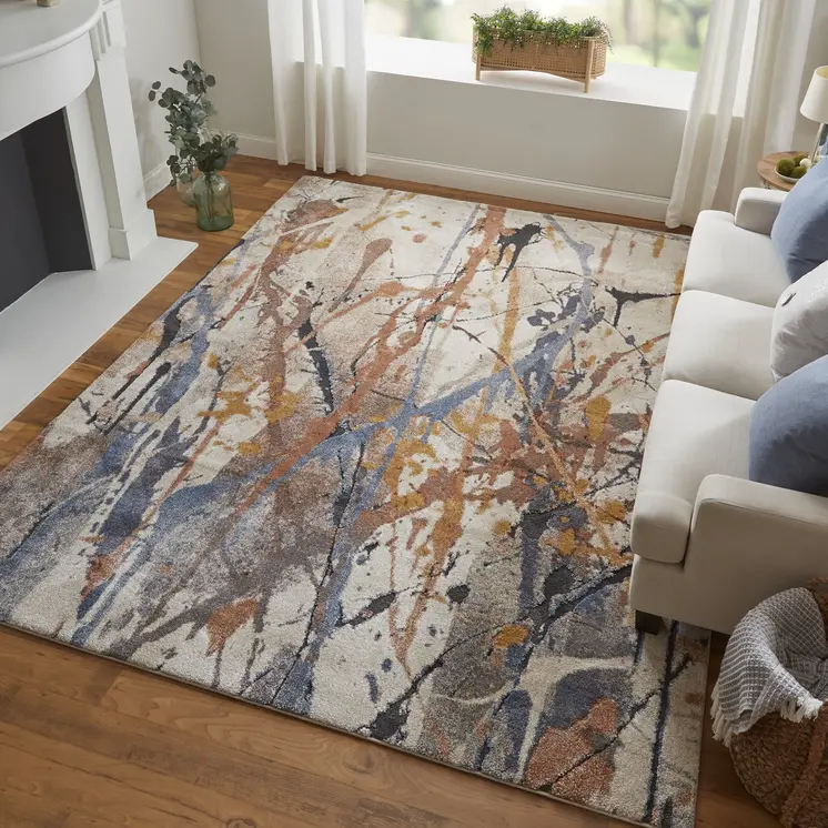 8' Ivory Blue and Brown Abstract Power Loom Runner Rug