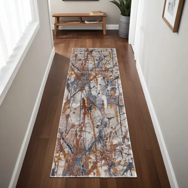 8' Ivory Blue and Brown Abstract Power Loom Runner Rug