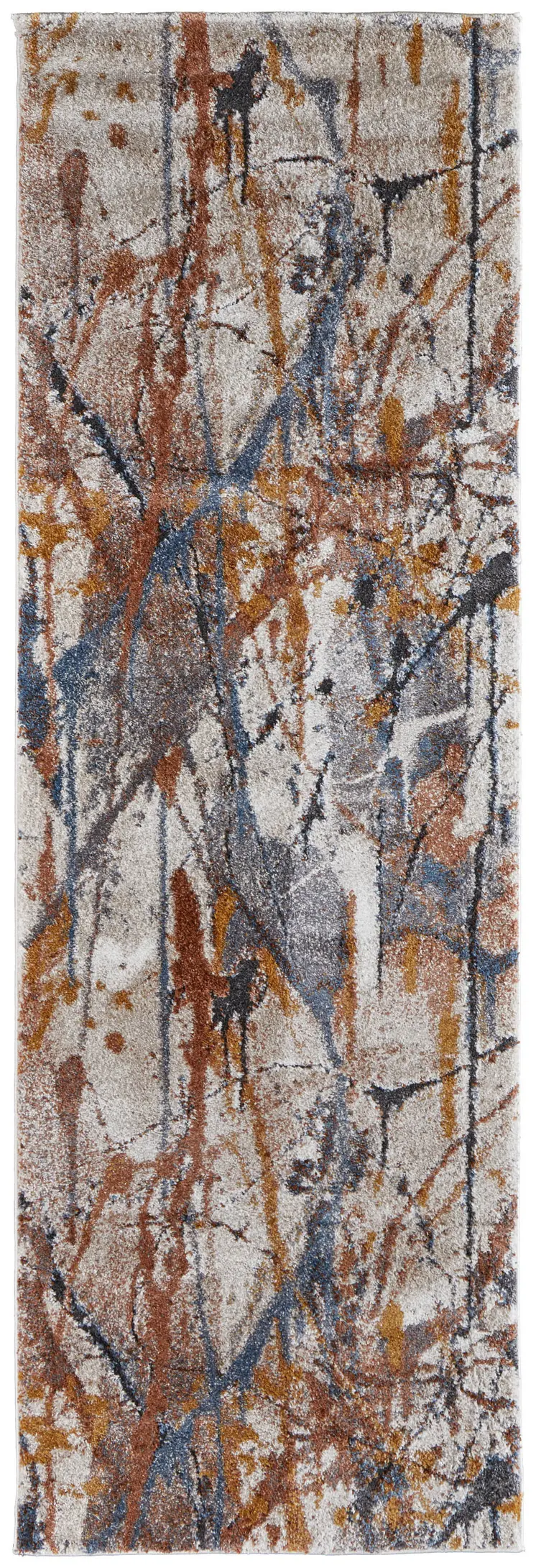 8' Ivory Blue and Brown Abstract Power Loom Runner Rug