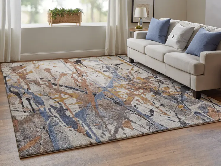 2' X 3' Ivory Blue and Brown Abstract Power Loom Area Rug