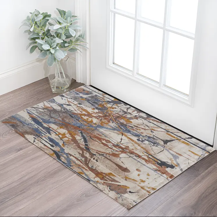 2' X 3' Ivory Blue and Brown Abstract Power Loom Area Rug
