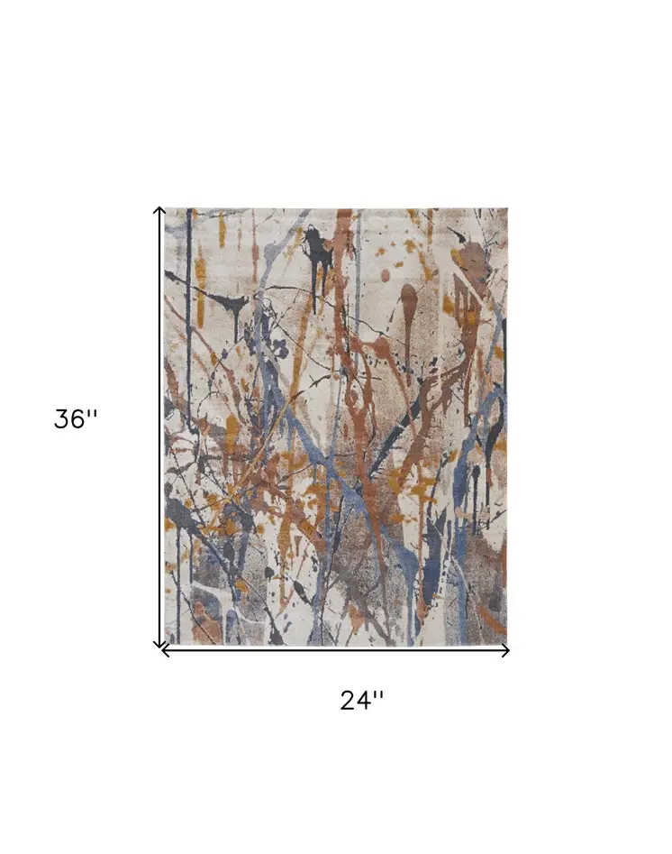 2' X 3' Ivory Blue and Brown Abstract Power Loom Area Rug