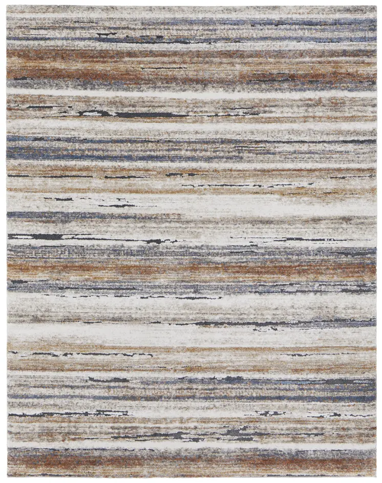 10' X 14' Ivory Blue and Brown Striped Power Loom Area Rug