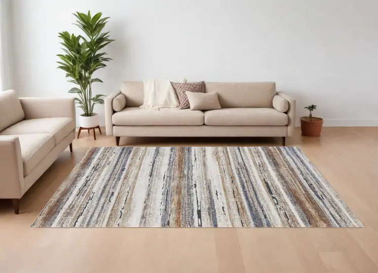 10' X 14' Ivory Blue and Brown Striped Power Loom Area Rug