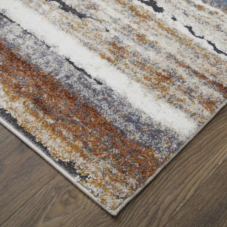 8' Ivory Blue and Brown Striped Power Loom Runner Rug