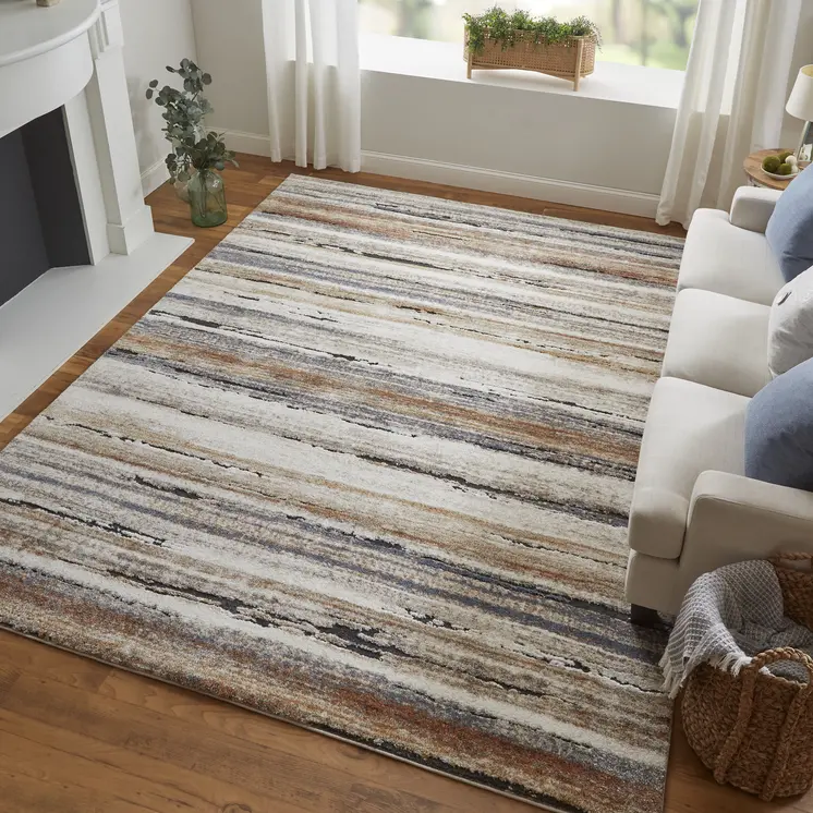 8' Ivory Blue and Brown Striped Power Loom Runner Rug