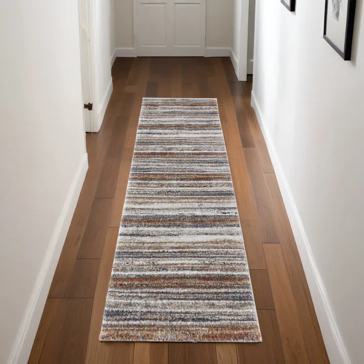 8' Ivory Blue and Brown Striped Power Loom Runner Rug