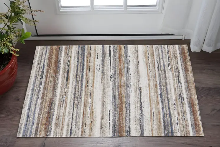 2' X 3' Ivory Blue and Brown Striped Power Loom Area Rug