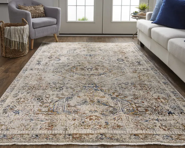 3' X 5' Red Tan and Blue Oriental Power Loom Worn Faded Area Rug With Fringe