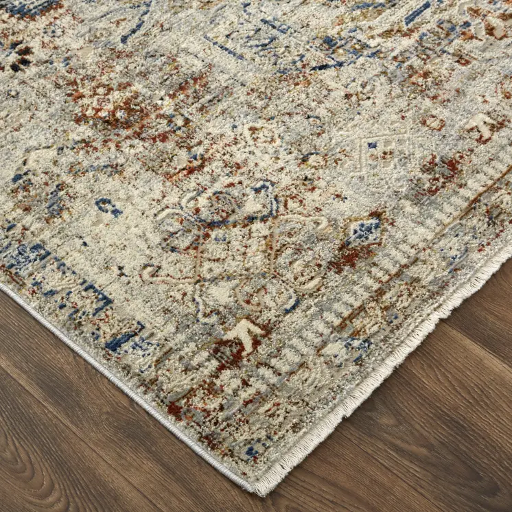 10' Red Tan and Blue Oriental Power Loom Worn Faded Runner Rug With Fringe