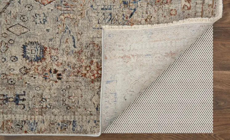 10' Red Tan and Blue Oriental Power Loom Worn Faded Runner Rug With Fringe