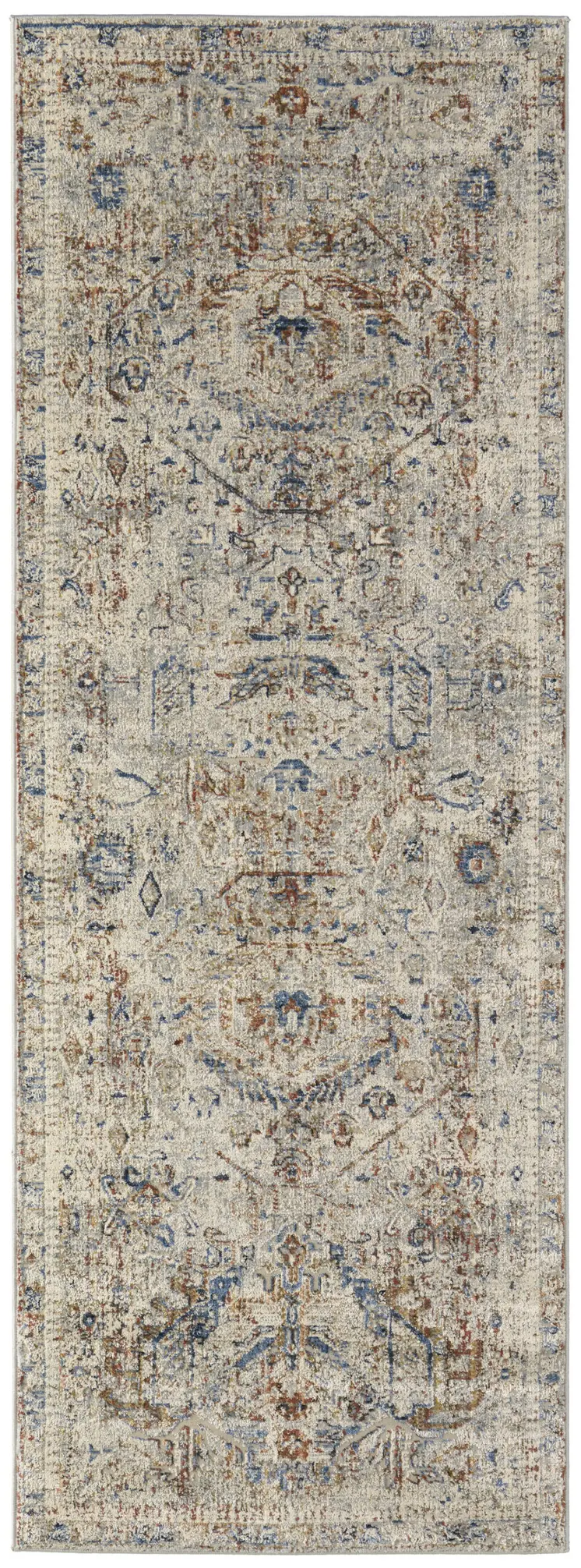 10' Red Tan and Blue Oriental Power Loom Worn Faded Runner Rug With Fringe
