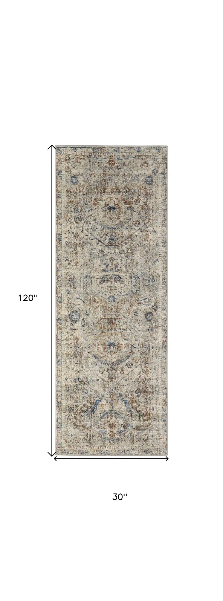 10' Red Tan and Blue Oriental Power Loom Worn Faded Runner Rug With Fringe