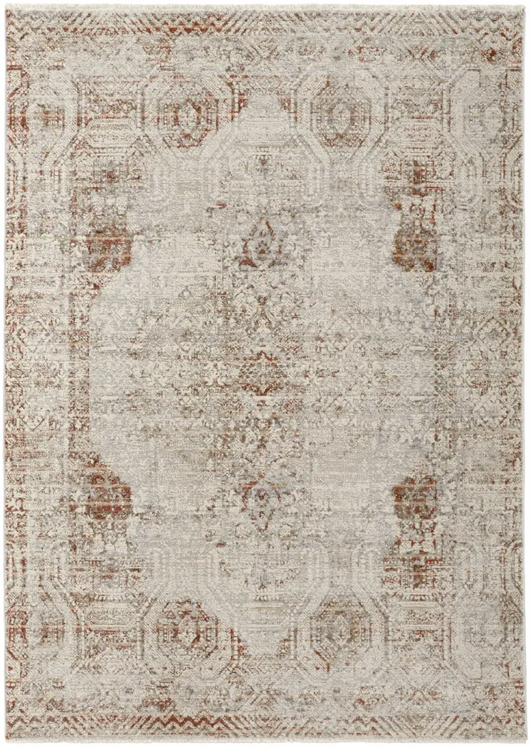 3' X 5' Ivory Gray and Brown Abstract Power Loom Worn Faded Area Rug With Fringe