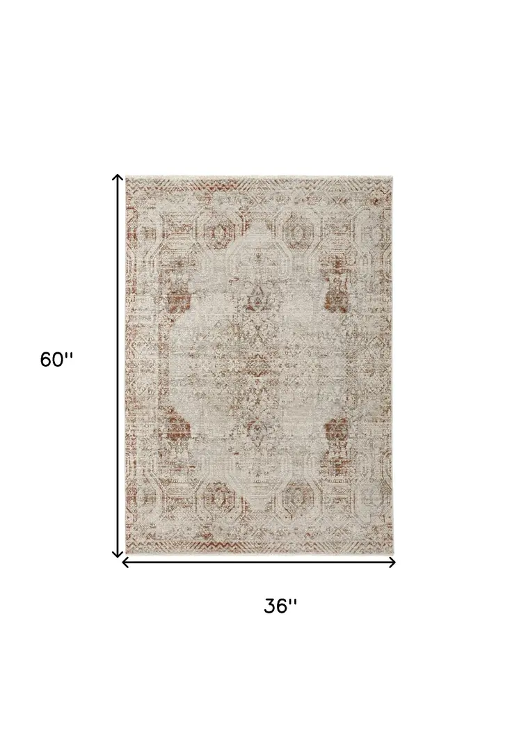 3' X 5' Ivory Gray and Brown Abstract Power Loom Worn Faded Area Rug With Fringe