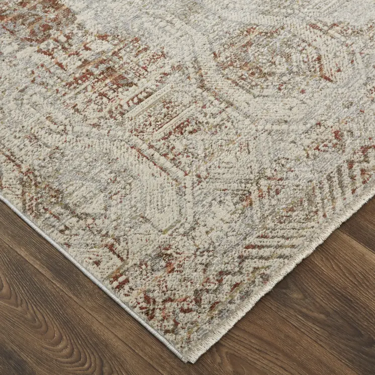 12' Ivory Gray and Brown Abstract Power Loom Worn Faded Runner Rug With Fringe