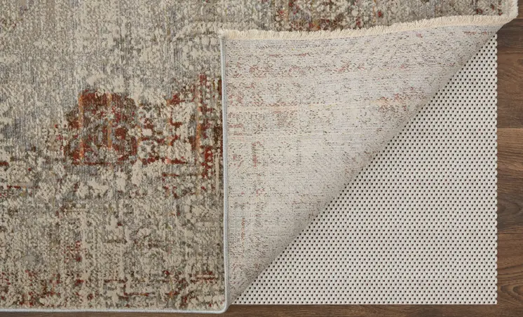 12' Ivory Gray and Brown Abstract Power Loom Worn Faded Runner Rug With Fringe