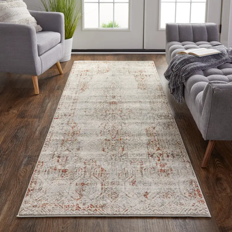 12' Ivory Gray and Brown Abstract Power Loom Worn Faded Runner Rug With Fringe