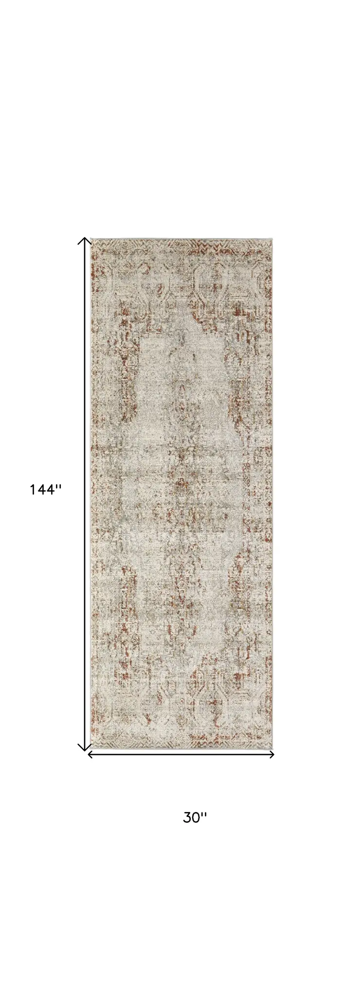 12' Ivory Gray and Brown Abstract Power Loom Worn Faded Runner Rug With Fringe