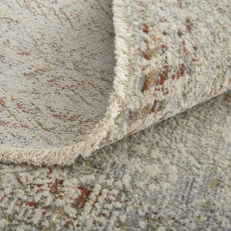8' Ivory Gray and Brown Abstract Power Loom Worn Faded Runner Rug With Fringe