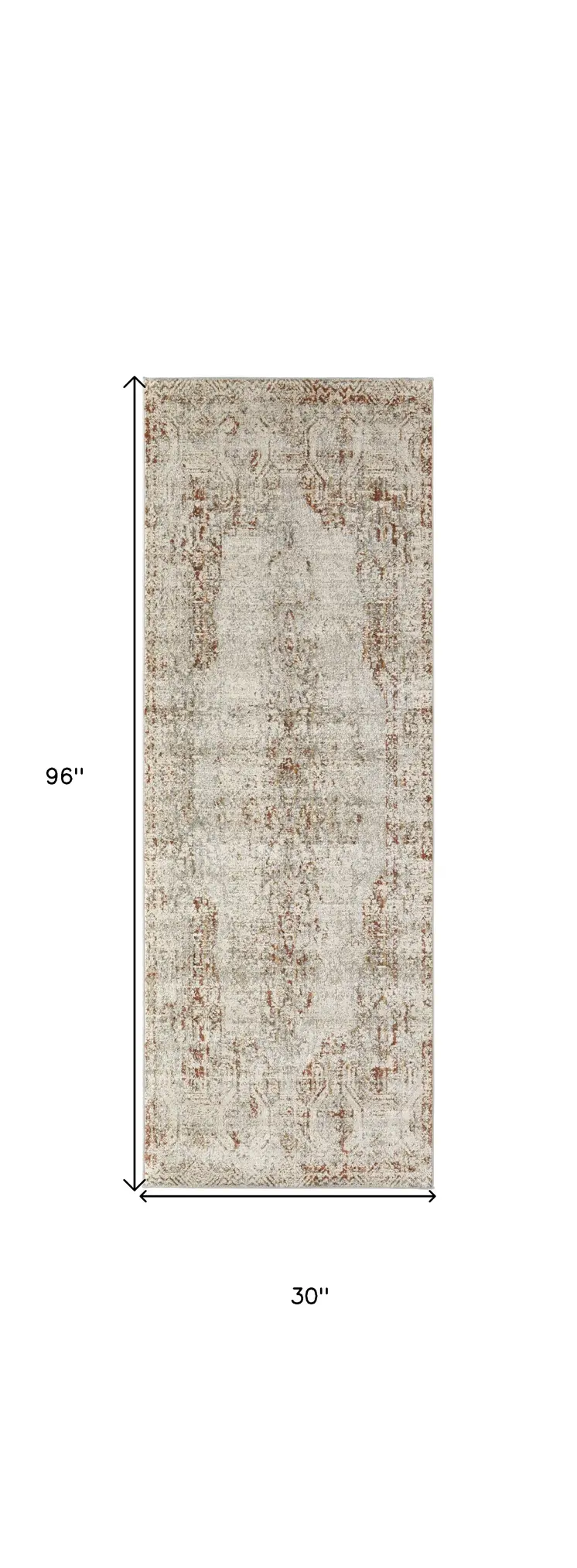 8' Ivory Gray and Brown Abstract Power Loom Worn Faded Runner Rug With Fringe
